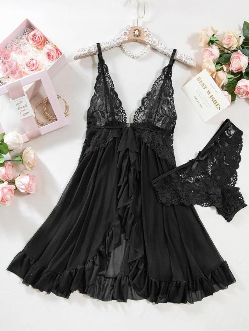 Sexy Lingerie Dress 2pcs Women Night Gown with Thong 3XS-6XL - Picture 3 of 6
